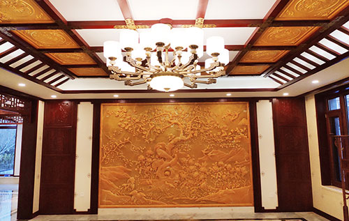 番阳镇中式别墅客厅中式木作横梁吊顶装饰展示